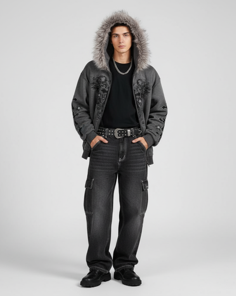 VALVE2K ANGEL CROSS FUR-TRIM ZIP HOODIE