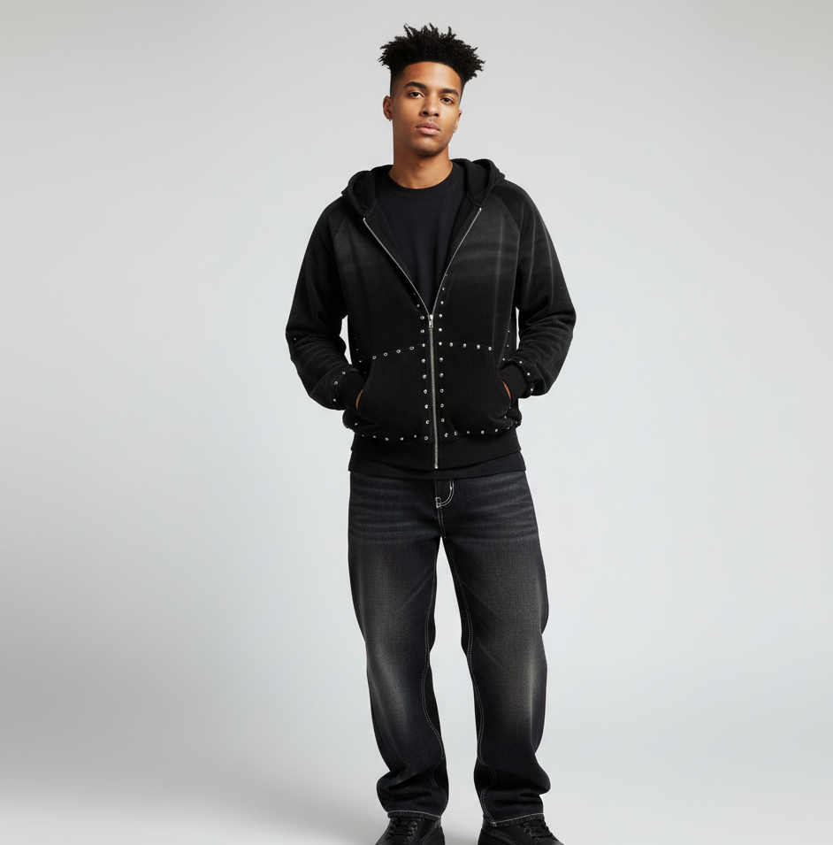 VALVE2K STUDDED WASHED VELOUR ZIP HOODIE
