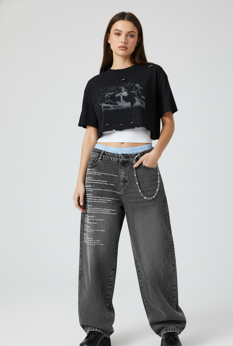VALVE2K SCRIPTURE PRINT BAGGY JEANS