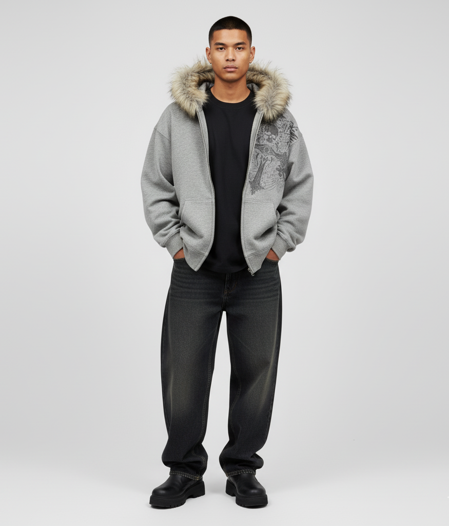 VALVE2K FUR-TRIM SKULL ZIP HOODIE