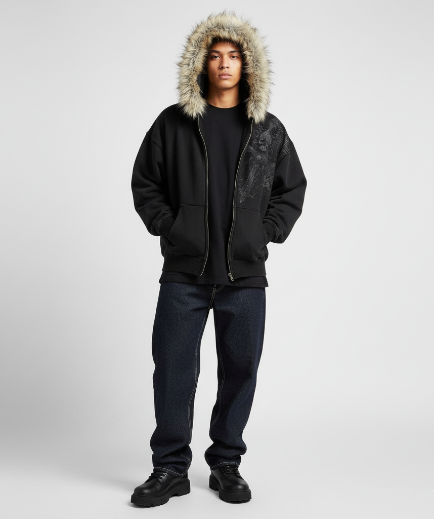VALVE2K FUR-TRIM SKULL ZIP HOODIE