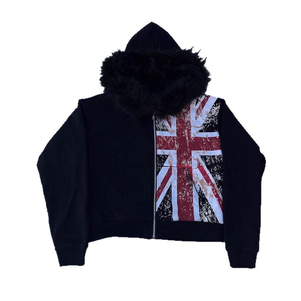 VALVE2K UNION JACK FUR-TRIM ZIP HOODIE