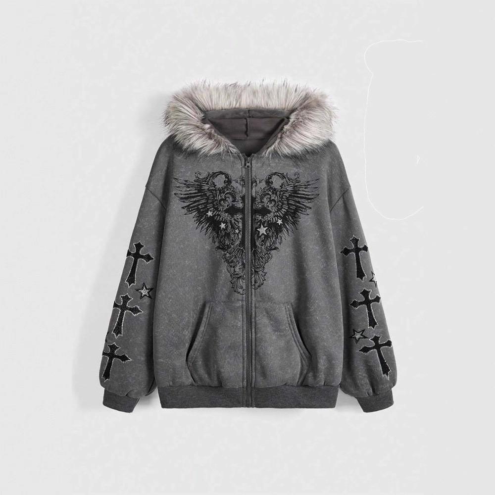 VALVE2K ANGEL CROSS FUR-TRIM ZIP HOODIE